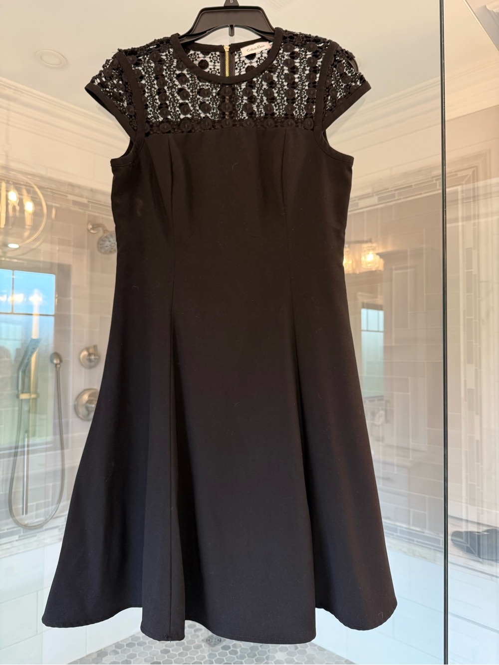 Calvin Klein Black Cap Sleeve Fit-and-Flare Dress with Lace Yoke